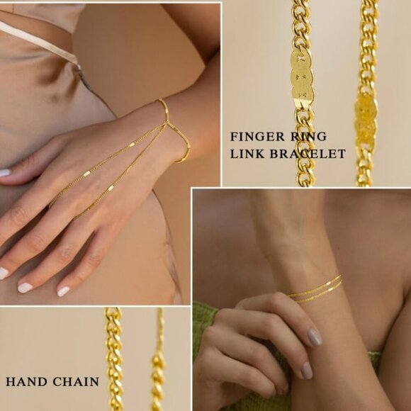 Dainty 14K Gold Plated Hand Chain Bracelet Women Layered Ring Jewelry - Picture 4 of 8